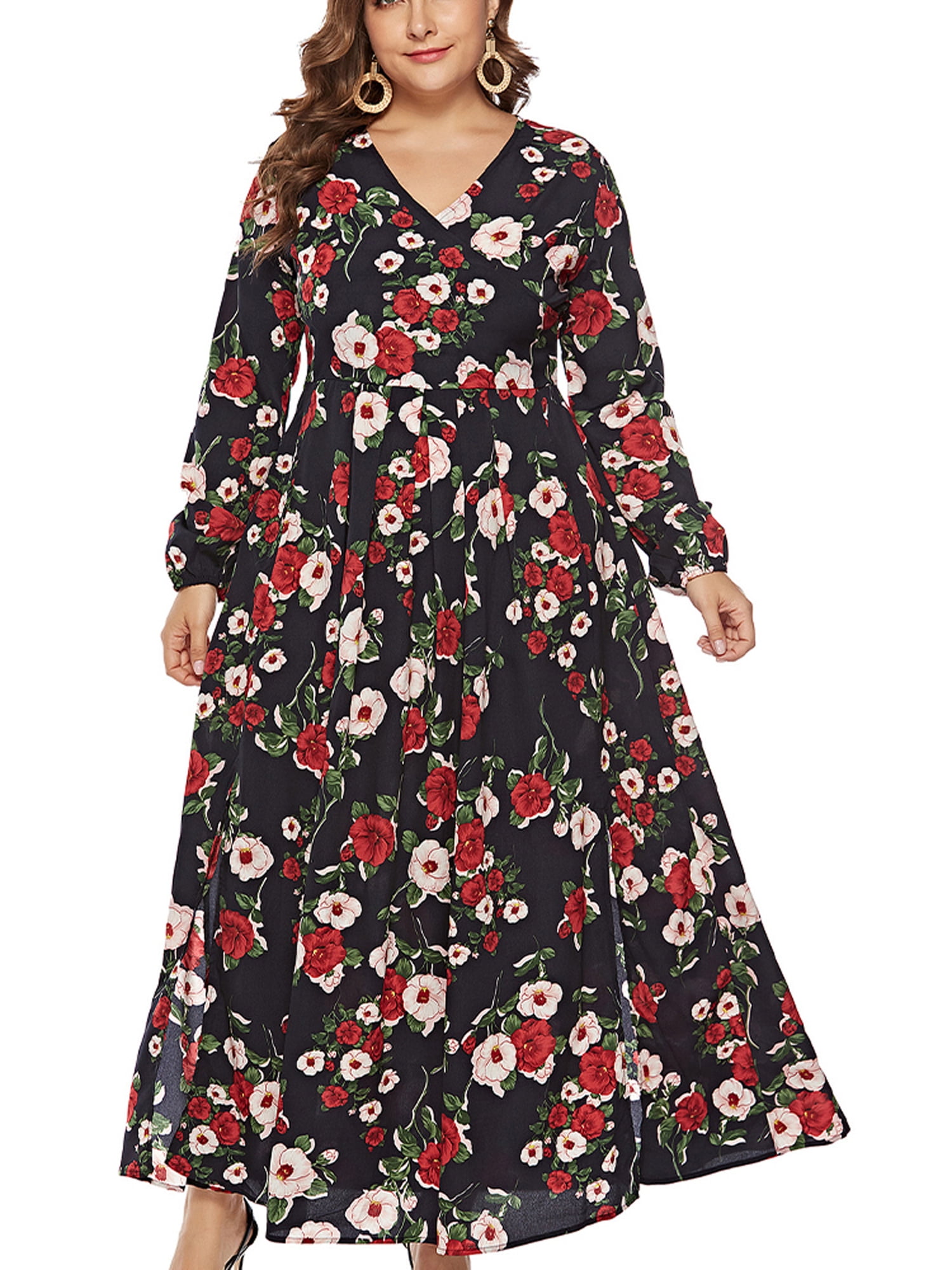 plus size long sleeve floral maxi dress